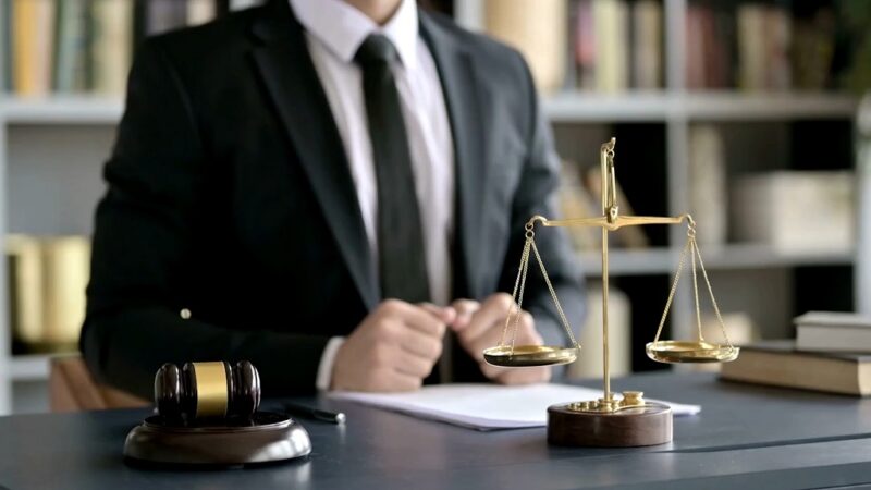 A lawyer in a suit sitting at a desk with a golden balance scale and gavel in the foreground